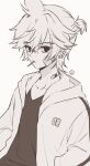  1boy alternate_costume antenna_hair bandage_on_face bandages bandaid bandaid_on_face bandaid_on_neck bandaid_on_nose candy collarbone double-parted_bangs earrings food food_in_mouth g_hana grey_background greyscale hair_between_eyes highres hood hood_down hooded_jacket jacket jewelry kagamine_len lollipop lollipop_in_mouth long_sleeves looking_at_viewer male_focus monochrome open_clothes open_jacket ponytail short_hair short_ponytail sidelocks signature simple_background solo upper_body v-neck vocaloid white_background 