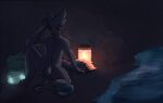 3_toes ambiguous_anthro ambiguous_gender anthro backpack bioluminescence biped black_body black_fur canid canine casualties:_unknown cavern crotch_tuft digitigrade dipstick_tail expie_(gunsawian) facial_tuft feet fur glowing gunsawian hi_res hybrid lamp lantern male mammal markings murid murine orange_tail_tip rat rodent sitting snek_stares_vacantly solo tail tail_markings tired toes tuft water