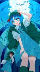  2girls :d aquarium backpack bag blue_eyes blue_hair blue_skirt blue_vest blush boots brown_hair chimi_(s2yuyukos2) commentary fish green_bag green_boots green_hat hair_bobbles hair_ornament hat highres jewelry kappa_mob_(touhou) kawashiro_nitori key key_necklace leaning_forward looking_at_viewer multiple_girls necklace open_mouth puffy_short_sleeves puffy_sleeves shirt short_sleeves skirt smile solo_focus touhou two_side_up vest white_shirt 