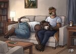 2026 anthro anthro_on_anthro barefoot black_claws black_nose blue_bottomwear blue_clothing blue_pants book bookshelf bottomwear brown_body brown_fur brown_hair brown_nose canid canine canis claws clothed clothing dated denim denim_bottomwear denim_clothing domestic_dog duo ear_piercing ear_ring eyebrow_piercing eyes_closed facial_piercing feet fur furniture green_eyes grey_claws hair hufnaar jeans lamp lying male male/male mammal mouth_closed multiple_piercings mustelid narrowed_eyes on_side otter pants piercing ring_piercing shirt short_hair sitting sleeping tan_body tan_fur toe_claws topwear whiskers white_body white_clothing white_fur white_shirt white_topwear