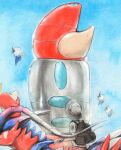  1boy backpack bag bird black_bag blue_sky cloud commentary cropped day english_commentary fangs florian_(pokemon) flying fuecoco hat highres holding_handlebar koraidon mofinngram naranja_academy_school_uniform open_mouth orange_shorts orthworm outdoors painting_(medium) pokemon pokemon_(creature) pokemon_focus pokemon_scarlet_and_violet riding riding_pokemon rufflet school_uniform shirt short_sleeves shorts sitting sky titan_pokemon traditional_media watercolor_(medium) white_hat white_shirt wide_brim 