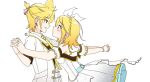 1boy 1girl absurdres antenna_hair blonde_hair blue_eyes blush bow braid clothing_cutout collared_shirt commentary crown_braid dancing double-parted_bangs dress earrings from_side g_hana hair_between_eyes hair_bow height_difference highres jewelry kagamine_len kagamine_rin medium_hair more_more_jump!_len more_more_jump!_rin open_mouth parted_bangs ponytail project_sekai shirt short_hair short_ponytail short_sleeves shoulder_cutout sidelocks simple_background upper_body vocaloid white_background white_bow white_dress white_shirt 