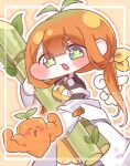  1girl antenna_hair black_shirt blue_eyes carrot chibi coat commentary_request dirt dirty dirty_clothes fewer_digits food_with_face gradient_hair green_hair highres holding kyarot_(trickcal) living_food low_ponytail multicolored_hair open_mouth orange_hair oversized_plant ponytail shirt solo sugarcane trickcal two-tone_apron ustya_0 white_coat wings 