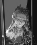  1girl arknights blurry blurry_foreground capelet commentary cross_scar earrings greyscale head_wings highres irene_(arknights) jacket jewelry long_hair monochrome nose pluvium_grandis portrait realistic scar scar_across_eye scar_on_face solo sword weapon wings 