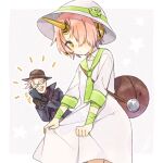  1boy 1girl ark_kan black_coat black_gloves black_hat cellphone closed_eyes coat commentary_request dress facial_hair fate/grand_order fate_(series) frankenstein's_monster_(animejapan_2018)_(fate) frankenstein's_monster_(fate) glasses gloves green_sailor_collar hair_over_one_eye hat holding holding_phone horns james_moriarty_(archer)_(fate) james_moriarty_(pasela_resorts)_(fate) long_sleeves looking_at_viewer mechanical_horns mustache open_mouth phone pink_hair sailor_collar sailor_dress short_hair simple_background single_horn smartphone sparkle star_(symbol) taking_picture white_hat yellow_eyes 