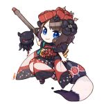  1girl ark_kan black_hair blue_eyes calligraphy_brush chibi chibi_only commentary fate/grand_order fate_(series) giant_brush hair_ornament holding holding_paintbrush japanese_clothes katsushika_hokusai_(fate) katsushika_hokusai_(first_ascension)_(fate) kimono looking_at_viewer octopus paintbrush sandals sash signature simple_background toto-sama_(fate) white_background zouri 