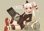  :3 :d aiming_at_viewer amatsukaze_(kantai_collection) brown_eyes character_name choker dress elbow_rest fang garter_straps headgear ico_(green_bullet) kantai_collection leaning_back long_hair long_sleeves looking_at_viewer neckerchief o_o open_mouth pillow red_legwear rensouhou-chan rensouhou-kun sailor_collar sailor_dress silver_hair smile striped striped_legwear thighhighs two_side_up v-shaped_eyebrows |_| 