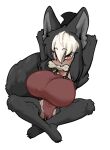 2026 amber_eyes animal_humanoid barefoot big_breasts black_body black_fur black_hair bone_in_mouth breasts canid canid_humanoid canine canine_humanoid chibi clothed clothed_female clothed_humanoid clothing crossed_legs dress feet female fluffy fluffy_tail fur hair hi_res huge_breasts humanoid looking_at_viewer mammal mammal_humanoid multicolored_hair rana_ulfson red_clothing red_dress solo tail thevarking two_tone_hair white_hair wolf_humanoid