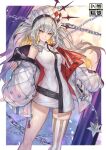  1girl absurdres artist-provided_artwork breasts dress fate/grand_order fate_(series) hat highres jacket looking_at_viewer marie_antoinette_(fate) marie_antoinette_alter_(fate) marie_antoinette_alter_(first_ascension)_(fate) non-web_source radishkek single_thighhigh smile solo thighhighs twintails white_dress white_hair white_hat white_jacket yellow_eyes 