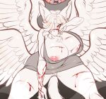 anthro areola areola_slip blood blood_on_face bodily_fluids canid canine clothing fan_character feathered_wings feathers female fighting_pose fox fur hi_res mammal panties panty_shot pose scratches skimpy_dress solo underwear white_body white_fur wings yuwi-cyu