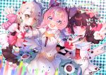  3girls absurdres angels_of_delusion aria_(human)_(zenless_zone_zero) aria_(zenless_zone_zero) arm_warmers black_hair blue_eyes clothing_cutout commentary double_v dress english_commentary gloves glowstick green_eyes green_hair grin hair_between_eyes halo highres long_hair looking_at_viewer misapit multiple_girls nangong_yu navel navel_cutout pink_gloves pink_hair quad_tails red_eyes red_nails smile striped_arm_warmers sunna_(zenless_zone_zero) twintails v virtual_pet_(toy) white_dress white_wings wings zenless_zone_zero 