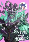  1boy 1girl 2xko ahri_(league_of_legends) anger_vein angry animal_ears blue_hair commentary dupertaro english_commentary english_text fangs finger_heart fox_ears heart highres league_of_legends looking_at_viewer open_mouth smile speech_bubble spoken_anger_vein spoken_character thresh_(league_of_legends) 