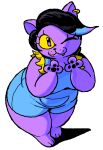 2026 3_fingers 3_toes :3 anthro barefoot belly big_breasts black_hair black_pawpads blue_highlights breasts catty_cattenheimer chibi cleavage clothed clothing curvy_figure digital_drawing_(artwork) digital_media_(artwork) domestic_cat ear_piercing ear_ring eyelashes fangs feet felid feline felis female fingers full-length_portrait hair high-angle_view highlights_(coloring) jaquin_s looking_at_viewer mammal one_eye_closed overalls overweight overweight_anthro overweight_female pawpads paws piercing portrait purple_body ring_piercing short_hair shortalls simple_background smile solo standing teeth thick_thighs toes undertale_(series) white_background wide_hips wink winking_at_viewer yellow_sclera