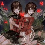  2girls above-cleavage_cutout amakura_mayu amakura_mio bandaged_leg bandages black_camisole black_leggings black_shirt black_shoes black_skirt bob_cut brown_camisole brown_eyes brown_hair brown_shirt brown_socks bug butterfly camisole camisole_over_clothes closed_mouth clothing_cutout commentary fatal_frame fatal_frame_ii:_crimson_butterfly feet_out_of_frame frilled_sleeves frills grass hand_on_own_ankle hands_up knee_up leggings looking_at_viewer looking_back miniskirt multiple_girls night off-shoulder_shirt off_shoulder on_ground outdoors parted_lips red_butterfly red_ribbon red_shoes ribbon see-through_clothes see-through_shirt see-through_skirt shirt shoes short_hair short_sleeves siblings side-by-side sisters sitting skirt socks sosei striped_clothes striped_socks three-quarter_sleeves translation_request twins vertical-striped_clothes vertical-striped_socks white_skirt 