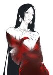  1girl absurdres black_hair blue_eyes breasts dress highres large_breasts long_hair looking_at_viewer path_to_nowhere red_dress red_lips s_ha_wn shin_(path_to_nowhere) solo very_long_hair 