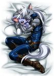  2013 black_nose blue_eyes boots canine claws clothing fur grey_fur hair hug inumania jumpsuit long_hair looking_at_viewer male mammal smile smile_pretty_cure solo tight_clothing white_hair wolf wolfrun zipper 
