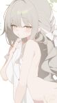  1girl absurdres blue_archive blush bow braid breasts choppy_bangs english_commentary flower_halo from_side green_halo grey_hair hair_bow hair_ribbon halo highres large_breasts long_hair looking_at_viewer miyo_(blue_archive) multicolored_hair naked_towel nyarnya open_mouth ribbon ribbon_in_braid simple_background solo towel two-tone_hair upper_body white_background white_bow yellow_eyes 