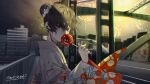  1girl apple_print brown_hair candy_apple club_suicide commentary_request copyright_name copyright_notice covered_mouth fireworks food food_print fruit_print grey_eyes hair_bun highres holding holding_candy_apple holding_food japanese_clothes kimono looking_at_viewer mole mole_under_mouth official_art print_kimono shindou_ringo sokuse_kienta solo upper_body yukata 