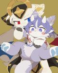 2026 4:5 4_arms 4_toes absurd_res abyss_creature_(artist) ambiguous_anthro ambiguous_gender anthro bbb_(devil_connection) belly belly_markings biped black_body black_ears black_fur black_nose blue_body blue_ears blue_eyes blue_fur blue_hair blue_pawpads blush blush_stickers carrying_another cheek_tuft circle_eyebrows clothed clothing colored countershade_fur countershade_tail countershading demon devil_connection digital_media_(artwork) duo ear_markings eyebrows facial_tuft featureless_crotch feet front_view fur gloves_(marking) hair hand_holding headgear headwear heterochromia hi_res hindpaw horn kemono larger_ambiguous larger_anthro leg_markings looking_at_another makemon mammal markings mismatched_ears mostly_nude multi_arm multi_limb multicolored_body multicolored_ears multicolored_fur multicolored_hair neck_tuft pawpads paws pupils red_eyes short_hair simple_background size_difference slit_pupils smaller_ambiguous smaller_anthro socks_(marking) spread_legs spreading standing tail toes tuft two_tone_body two_tone_ears two_tone_fur two_tone_hair white_body white_countershading white_ears white_fur white_hair white_horn white_inner_ear white_pupils yellow_background yellow_inner_ear yellow_markings
