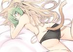  ahoge animal_ears ass atalanta_(fate) bare_legs bed_sheet black_panties blonde_hair braid breasts cat_ears cat_tail commentary_request fate/apocrypha fate/grand_order fate_(series) french_braid from_behind gradient_hair green_eyes green_hair hair_between_eyes long_hair looking_at_viewer lying multicolored_hair nahu on_stomach panties small_breasts tail thighs topless two-tone_hair underwear very_long_hair 