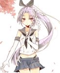  :&lt; alternate_hairstyle bad_id bad_twitter_id black_panties blush_stickers cherry_blossoms chibirisu closed_fan commentary cosplay cowboy_shot elbow_gloves fan folding_fan gloves hair_ribbon hatsuharu_(kantai_collection) kantai_collection long_hair panties pleated_skirt ponytail purple_eyes purple_hair ribbon shimakaze_(kantai_collection) shimakaze_(kantai_collection)_(cosplay) skirt solo striped striped_legwear thighhighs underwear very_long_hair 