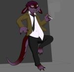 accessory anthro blazer button_(fastener) chest_tuft cigarette claws clothed clothing collar exhaling_smoke hi_res leaning leaning_backward long_ears long_tail looking_up male mammal mustelid necktie otter oversized_clothing paws raised_hand raised_leg slicked_back_hair slightly_chubby small_nose smoke smoking solo suit tail tuft untucked_shirt villegreen whiskers