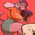 1:1 allosauroid anthro blush bottomwear breasts buffysaintfury carcharodontosaurid clothing dinosaur drawing_(action) female furniture gesture giganotosaurus goodbye_volcano_high green_nail_polish hand_gesture hotpants ko_op_(game_developer) low_res one_eye_closed pink_body pink_nail_polish prehistoric_species reptile saurischian scalie shirt shorts sketchbook solo stacy_(gvh) stool t-shirt text_on_t-shirt theropod topwear v_sign wink wristband