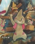  alternate_color arm_up black_eyes bright_pupils carrying closed_eyes commentary construction_worker cropped english_commentary grin highres holding mofinngram one_eye_closed open_mouth painting_(medium) pokemon pokemon_(creature) pokemon_focus shiny_and_normal shiny_pokemon signature sitting smile standing steel_beam teeth timburr traditional_media veins watercolor_(medium) white_pupils wooden_beam working 