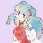  1girl amamorituyuko aqua_hair bell blush bow chinese_clothes commentary_request from_side hair_bell hair_bow hair_ornament highres long_hair long_sleeves looking_at_viewer patterned_hair puffy_long_sleeves puffy_sleeves purple_background ranma_1/2 red_bow shampoo_(ranma_1/2) sidelocks simple_background smile solo upper_body 