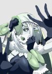  1girl absurdres antennae arthropod_girl black_leotard black_sclera black_tongue breasts colored_sclera colored_skin commentary default_illust english_commentary extra_arms green_eyes green_hair green_skin green_wings grey_background hair_between_eyes head_wings highres indie_virtual_youtuber insect_wings juniper_actias juniper_actias_(space_invader) large_breasts leotard looking_at_viewer medium_hair monster_girl moth_antennae moth_girl moth_wings multicolored_hair neck_fur open_mouth pointy_ears sharp_teeth short_eyebrows simple_background solo teeth virtual_youtuber white_hair wings 