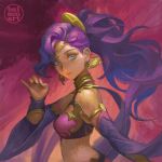  1girl armpits artist_name baimon blue_eyes blue_hair breasts circlet cloak closed_mouth commentary crescent crescent_earrings dark-skinned_female dark_skin earrings english_commentary fire_emblem fire_emblem:_fortune's_weave from_side gold_choker gold_earrings hand_up high_ponytail hood hooded_cloak jewelry leda_(fire_emblem) long_hair looking_at_viewer looking_back looking_to_the_side medium_breasts ponytail red_cloak solo stomach 
