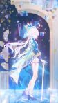  1girl absurdres ascot asymmetrical_gloves black_ascot blue_ascot blue_gem blue_hat blue_jacket blue_pupils blue_streaks commentary_request cowlick drop-shaped_pupils eyelash_ornament furina_(genshin_impact) gem genshin_impact gloves glowing hat heterochromia highres holding holding_weapon hydro_symbol_(genshin_impact) jacket mismatched_gloves mismatched_pupils multicolored_hair ouji_fashion solo splendor_of_tranquil_waters_(genshin_impact) streaked_hair symbol-shaped_pupils top_hat weapon xiaoxiaoanye 