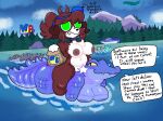alligator alligatorid ambiguous_gender american_alligator anthro areola big_breasts black_eyes black_nose blue_areola blue_body blue_scales breasts brown_areola brown_nipples canid canine canis choker clothing crocodilian dialogue domestic_dog english_text eyelashes female floppy_ears food genitals green_eyes group hat headgear headwear hi_res holding_food holding_object jewelry lop_ears mammal mschaox6 navel necklace nipples nude pupils reptile scales scalie slit_pupils smile snaggle_tooth speech_bubble star_accessory swimming text thick_thighs visor_cap vulva wide_hips yellow_sclera
