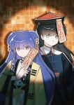  1boy 1girl absurdres befoufou174773 black_hair chinese_clothes commentary double_bun green_eyes hair_bun hat highres jiangshi long_hair mousse_(ranma_1/2) purple_hair qingdai_guanmao ranma_1/2 red_eyes serious shampoo_(ranma_1/2) sidelocks untranslatable_commentary yin_yang yin_yang_print 