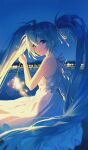 1girl ahoge arm_at_side bare_arms bare_shoulders blue_eyes blue_hair blue_sky commentary double-parted_bangs dress film_grain fireworks frilled_dress frills from_behind grin hair_between_eyes hair_ribbon hand_up hatsune_miku highres holding holding_fireworks inverted_eyelashes long_hair looking_at_viewer looking_back makucrp medium_dress miku_day mountainous_horizon night number_tattoo ocean outdoors parted_lips ribbon ribbon-trimmed_dress ribbon_trim shoulder_tattoo sidelighting sidelocks sky sleeveless sleeveless_dress smile solo sparkler tattoo twintails untranslatable_commentary very_long_hair vocaloid white_dress white_ribbon 
