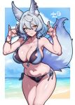  1girl absurdres animal_ear_fluff animal_ears artist_logo beach bikini black_bikini blue_bikini blue_hair breasts cleavage cowboy_shot day fingernails fluffy_tail fox_ears fox_girl fox_shadow_puppet fox_tail hair_between_eyes highres large_breasts leaning_forward logo long_fingernails looking_at_viewer medium_hair multicolored_bikini navel ocean original outdoors parted_lips rotomdocs sand side-tie_bikini_bottom smile solo swimsuit tail thigh_gap two-tone_bikini water 