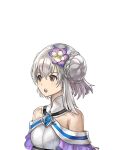  1girl another_eden another_eden_art_team bare_shoulders breasts brooch collar collarbone crossed_bangs dress feinne_(another_eden) flower hair_between_eyes hair_flower hair_ornament jewelry large_variant_set lowres medium_breasts off-shoulder_dress off_shoulder official_art open_mouth purple_flower red_eyes shinwoo_choi short_hair simple_background solo tareme teeth third-party_source transparent_background upper_teeth_only variant_set white_collar white_dress white_flower wince 