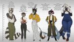 antelope anthro badger bassariscus binturong bottomwear bovid cacomistle camera clothed clothing digital_media_(artwork) ear_piercing ear_ring emmett_(neisa) english_text eyewear feet female fugo_(neisa) fur glasses group hair hair_over_eye hi_res holding_notebook holding_object hooves horn hybrid looking_at_viewer male mammal markings model_sheet mustelid musteline neisa neisa_(character) ney_(neisa) one_eye_obstructed open_clothing open_topwear overalls pants piercing procyonid ring_(marking) ring_piercing ringed_tail roshe_(neisa) shirt simple_background smile standing stated_age stated_height striped_markings striped_tail stripes tail tail_markings tank_top text toes topwear viverrid wearing_glasses