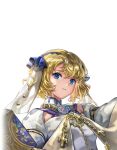  1girl another_eden another_eden_art_team blonde_hair blue_eyes blue_ribbon clenched_teeth clothing_cutout dress flower hair_between_eyes hair_ornament hair_ribbon large_variant_set long_sleeves lowres mariel_(another_eden) official_art parted_lips raised_inner_eyebrows ribbon sash short_hair shoulder_cutout simple_background solo tachi-e teeth third-party_source transparent_background upper_body variant_set wavy_hair white_dress 