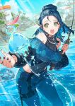  1girl bare_shoulders bead_necklace beads blue_hair blue_leotard blue_nails blue_pants blue_sky braid breasts building commentary_request commission ear_piercing fish_hook fishing_rod green_eyes hair_bun herayoshi highres holding holding_fishing_rod jewelry leotard long_hair long_sleeves medium_breasts necklace ocean off_shoulder open_mouth original pants piercing puffy_long_sleeves puffy_sleeves ring single_braid skeb_commission sky slime_(creature) solo teeth upper_teeth_only water 