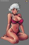  1girl bikini bleach blush breasts cleavage erect_nipples grey_background kotetsu_isane kyoffie12 large_breasts lips pink_bikini rough shiny shiny_skin short_hair silver_hair simple_background sitting solo swimsuit very_short_hair watermark web_address yellow_eyes 