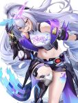  1girl black_boots black_shorts boots breasts commentary_request crop_top drill_hair gauntlets grey_eyes grey_hair honkai:_star_rail honkai_(series) hungz jacket long_hair looking_at_viewer midriff navel short_shorts shorts silver_wolf_(honkai:_star_rail) silver_wolf_(lv.999)_(honkai:_star_rail) simple_background small_breasts smile solo thighs two-sided_fabric two-sided_jacket very_long_hair white_background 