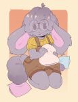 abdl ageplay ambiguous_anthro ambiguous_gender anthro big_diaper clothed clothing diaper diaper_bulge diaper_under_clothing domestic_cat eyewear felid feline felis fully_clothed fur glasses grey_body grey_fur hi_res holding_object holding_pillow hybrid infantilism kneeling lagomorph leporid mammal neotenous orange_background overalls pillow rabbit roleplay shirt shortalls simple_background sitting solo tan_background topwear wearing_diaper wearing_glasses