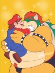 2026 3:4 anthro biped bowser bulge butt butt_grab clothing duo eyes_closed facial_hair gloves hand_on_butt handwear hi_res human human_on_anthro humanoid_hands interspecies kissing male male/male mammal mario mario_bros mustache navel nintendo overalls overweight overweight_male simple_background size_difference spacepanda standing underwear yellow_background