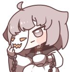  1girl ahoge chibi commentary_request cuffs cup dress espi_(trickcal) fewer_digits ghost_girl grey_eyes grey_hair holding holding_cup holding_mask korean_commentary long_sleeves mask outline shackles simple_background sirotsumekusa_0 solo teacup trickcal white_background white_dress white_outline 