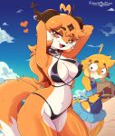 2026 2_tails absurd_res anthro beach big_breasts bikini black_bikini black_clothing black_swimwear breasts canid canine clothing collar dipstick_tail duo ear_piercing ear_ring eyebrows eyelashes fangs female fox fur gloves_(marking) hair hands_behind_head hi_res jasminthemanticore lisa_(jasminthemanticore) mammal markings medium_breasts multi_tail navel one-piece_swimsuit open_mouth orange_body orange_eyes orange_fur orange_hair piercing pose ring_piercing spiked_collar spikes swimwear tail tail_markings teeth thick_thighs two-piece_swimsuit white_hair wide_hips