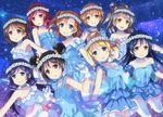  ayase_eli black_hair blonde_hair blue_hair brown_hair choker double_bun dress earrings gloves hand_on_own_chest head_wreath hoshizora_rin jewelry koizumi_hanayo kousaka_honoka long_hair love_live! love_live!_school_idol_project minami_kotori multiple_girls night night_sky nishikino_maki one_side_up open_mouth orange_hair ponytail purple_hair red_eyes red_hair short_hair sky smile sonoda_umi star_(sky) starry_sky thighhighs toujou_nozomi twintails uehara_yukihiko white_gloves white_legwear yazawa_nico yellow_eyes yume_no_tobira 