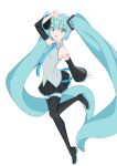 1girl absurdres aqua_eyes aqua_hair aqua_necktie arm_up bare_shoulders black_boots black_skirt boots commentary detached_sleeves flat_chest grey_shirt hair_between_eyes hair_ornament hatsune_miku highres long_hair looking_at_viewer necktie necome_neco number_tattoo open_mouth shirt shoulder_tattoo simple_background skirt sleeveless sleeveless_shirt solo tattoo thigh_boots twintails v v_over_head very_long_hair vocaloid white_background zettai_ryouiki 