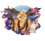 accipitrid accipitriform american_flag anthro avian banner bird blonde_hair bullet bullet_belt cigar cigar_in_mouth clothing constitution eagle felid flowing_hair freedom gun hair hi_res holding_gun holding_object holding_ranged_weapon holding_weapon krampusmadart lion majestic male mammal muscular muscular_male object_in_mouth pantherine ranged_weapon smile smirk smoking solo spread_wings topwear united_states_of_america vest weapon wings