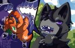 ailurid anthro black_body black_fur black_hair black_nose blush bodily_fluids citrus_orangefluff cute_fangs domestic_cat duo excessive_saliva extreme_size_difference fangs felid feline felis food forest_background fruit fruit_slice fur green_blush green_inner_ear green_scarf grey_body grey_fur hair hi_res howzit_toyah internal internal_oral male male/male mammal markings micro oral_vore orange_body orange_fur orange_hair outside plant poking purple_eyes purple_insides red_panda reverse_mouth_shot saliva scarf size_difference teeth uvula uvula_play vore white_markings